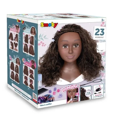 Smoby - Tete a coiffer cheveux afro - Facile a coiffer - 23 accessoires réalistes - Levres thermosensibles - Trappe de rangement