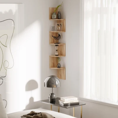 HOMCOM Raft de colț de perete pentru depozitare formă zigzag 20L x 20l x 126H cm 5 niveluri stejar deschis