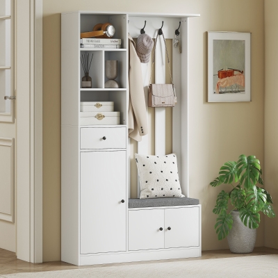 HOMCOM Armoire Vestiaire 180cm Blanc avec Banc et Porte-Vêtements