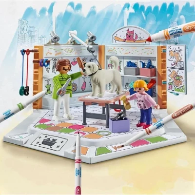 PLAYMOBIL Color 71514 Salon de toilettage, Crayons Crayola pour dessiner sur les personnages, 61 pieces, Des 5 ans