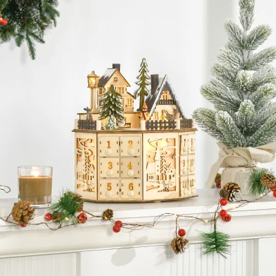 HOMCOM Calendar Advent, cutie calendar de Advent, decor de Crăciun, lumini LED, 24 sertare, lemn natural