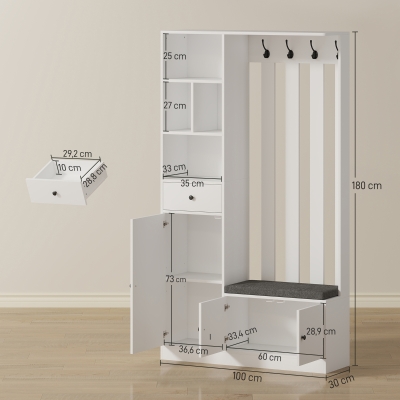 HOMCOM Armoire Vestiaire 180cm Blanc avec Banc et Porte-Vêtements