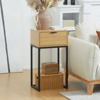 HOMCOM Măsuță auxiliară cu sertar Măsuță auxiliară modernă cu picioare din oțel pentru hol, living 40x30x76cm Natural