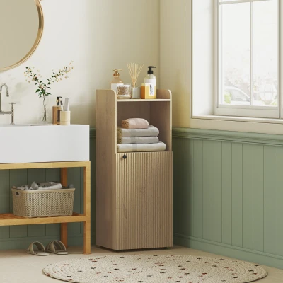 HOMCOM Badkamerkast Niskast met deur, open vak, verstelbare plank, badkamerkast, 40 x 31 x 104 cm, gele eik