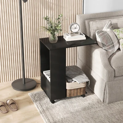 HOMCOM C-Shape Mobile Sofa Side Table with Storage Black