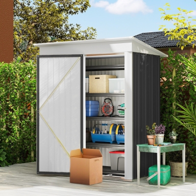 Outsunny Tuinschuur, outdoor berging van golfplaatstaal, wandontwerp, verstelbare planken, afsluitbare deur Donkergrijs