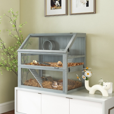 PawHut Hamsterkooi Hout, 3 verdiepingen met diepe onderverdieping, afneembare niveaus, voor kleine huisdieren, 80x50x76cm, Lichtgrijs
