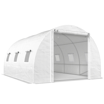 Outsunny Tunnel Greenhouse with 2 Removable Rods and Mesh Doors and Windows, Galvanized Steel and PE, 396x300x200 cm, White