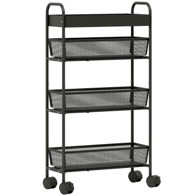 HOMCOM 4-Tier Storage Cart, Rolling Trolley, 3 Sliding Baskets, Top Tray 19 x 43.2 x 80 cm Black