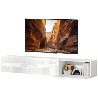 HOMCOM Meuble TV Suspendu Blanc Laqué 3 Armoires Fermeture Douce