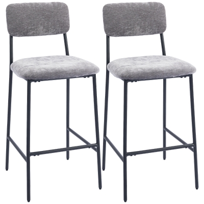 HOMCOM Set of 2 Chenille Fabric Bar Stools, Padded Bar Chairs, Wide Seat, High Back, 45.5x48x101cm, Grey