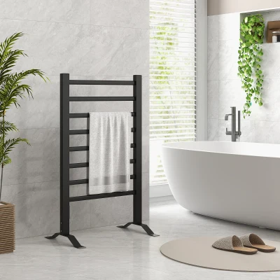 HOMCOM Elektrischer Handtuchwärmer, Wand- oder Standmontage, 8 Stangen, 2/4-Stunden-Timer, Aluminiumlegierung, 53x35x90cm, schwarz