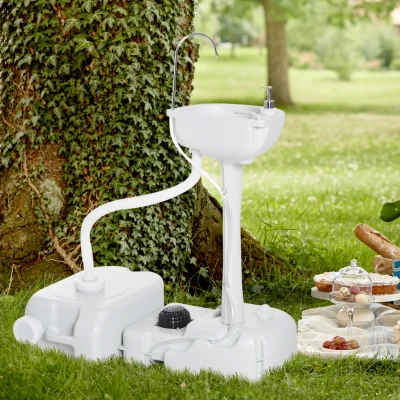 Outsunny Portable Camping Sink with Foot Pump & Wheels