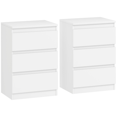 HOMCOM Nachttische im 2er-Set, 3 Schubladen, griffloses Design, Holzoptik, Weiß
