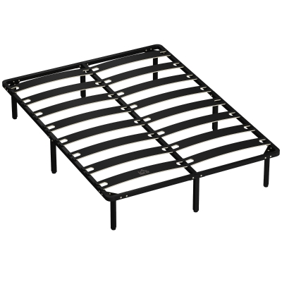 HOMCOM Estrutura 140x190 cm Estrado de Cama de Plataforma de Aço com Ripas de Álamo Fácil de Montar Carga 350 kg Preto