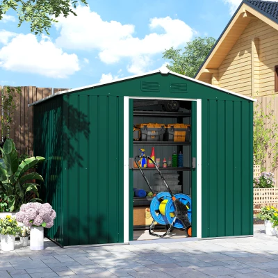 Outsunny 8 x 6ft Garden Storage Shed with Double Sliding Door Outdoor Tool Green