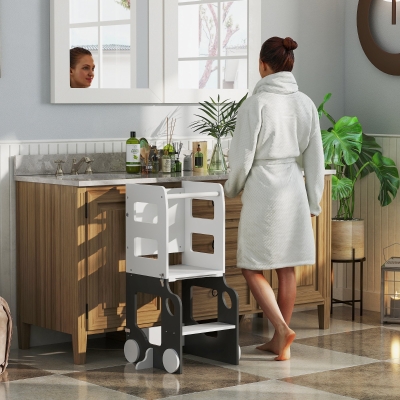AIYAPLAY Torre de Aprendizaje Taburete Infantil con Pizarra Convertible en Mesa y Silla con Diseño de Coche Blanco y Gris