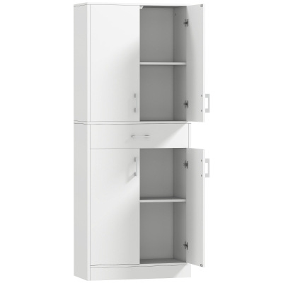 HOMCOM Alacena de Cocina con 4 Puertas 1 Cajón y Estantes Ajustables Antivuelco para Comedor Salón 70,8x34x180cm Blanco y Plata