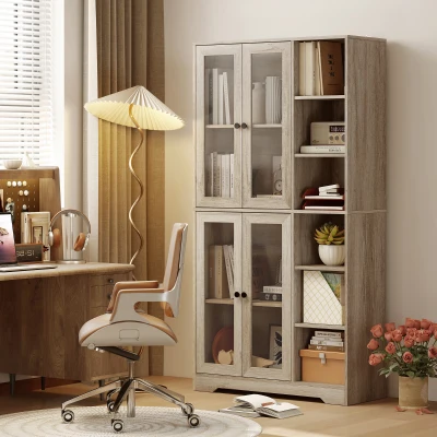 HOMCOM Armário de Arrumação Alto para Cozinha com Prateleiras Abertas e 4 Portas de Vidro 90x35x172 cm Cinza Claro