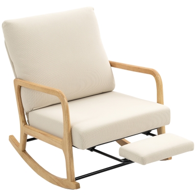 HOMCOM Poltrona Baloiço com Encosto Ajustável de Veludo Cotelê Nórdica Pés de Madeira Braços Almofada Lombar 70x89x97,5 cm Creme