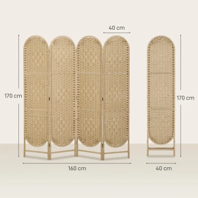 HOMCOM Paravent 4 Panneaux 160x170cm Tissé Pliable Naturel