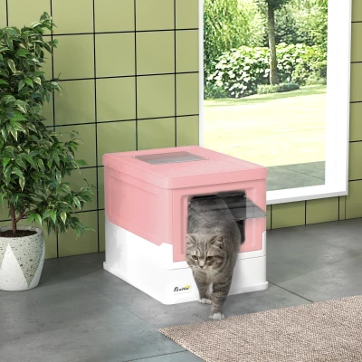 PawHut Litière Chat Rose avec Couvercle et Fond Extractible