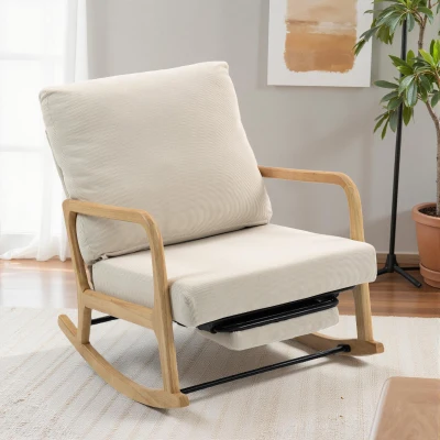 HOMCOM Poltrona Baloiço com Encosto Ajustável de Veludo Cotelê Nórdica Pés de Madeira Braços Almofada Lombar 70x89x97,5 cm Creme