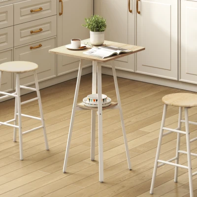 HOMCOM Mesa Alta Cocina Cuadrada con Estante para 2 Personas Patas de Metal 55x55x95 cm Madera Natural y Blanco