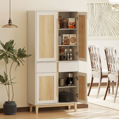 HOMCOM Buffet haut cuisine, armoire de cuisine avec 4 portes, 2 tiroirs et étagères réglables, 80x35x170cm, blanc et chêne