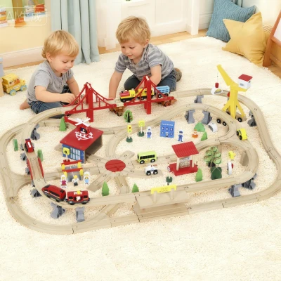 AIYAPLAY Wooden Train Set with Crane & Storage Box