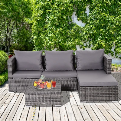 Outsunny 3 Pieces Rattan Garden Furniture Sofa Set, 4 Seater Garden Corner Sofa with 5-Level Reclining Sun Lounger and Storage Coffee Table, Outdoor Furniture Conservatory Set with Cushions, Grey