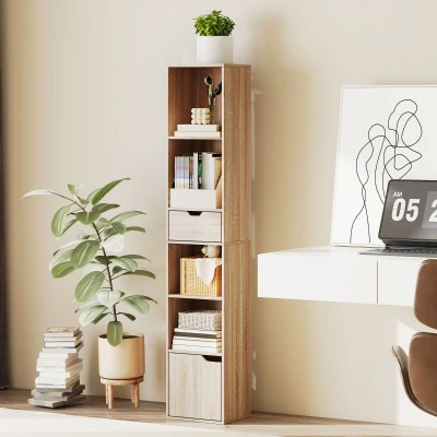 HOMCOM 6-Tier Bookshelf with Drawer Natural Wood Finish