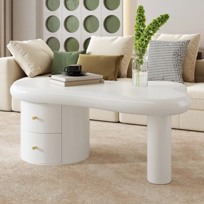 Mesa de centro con forma irregular, 2 cajones, 97x64x42 cm, Blanco