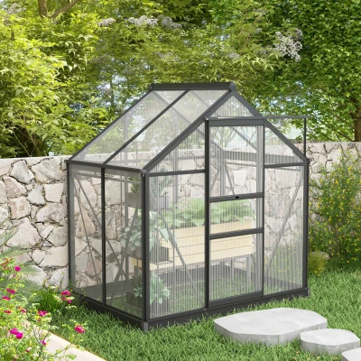 Outsunny 6 x 4ft Polycarbonate Greenhouse - Large Walk-In Green House with Sliding Door and Window, Garden Plants Growth House with Aluminium Frame and Foundation, Grey