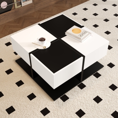 Mesa de centro con 2 cajones, mesa cuadrada de salón con almacenamiento, 70x70x35,5 cm, Negro+Blanco