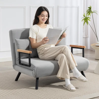 HOMCOM Sofá Cama Sofá Convertível em Cama de 2 Lugares Dobrável com Encosto Ajustável em 5 Níveis e 2 Almofadas 102x73x81 cm Bege