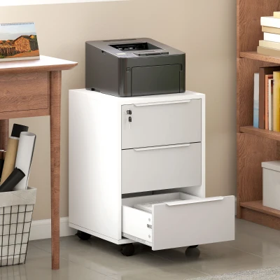 Dulap de Birou cu 3 Sertare cu Chei și 4 Rotile Alb și Gri