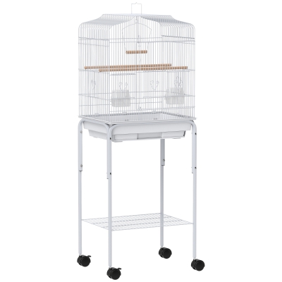 PawHut Bird Cage with Wheels Shelf Doors 2 Feeders 2 Perches Swing Removable Tray 46.5x36x124 cm White