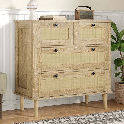 Commode avec 4 tiroirs en rotin, Couleur naturelle