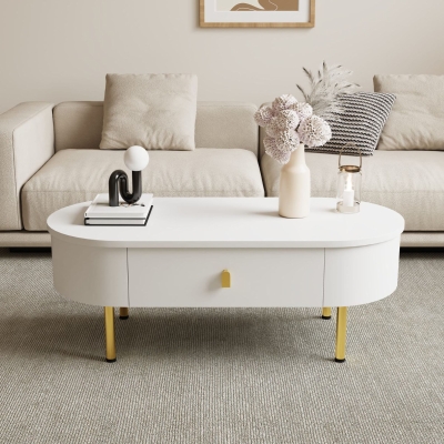 Mesa de centro con 2 cajones, esquinas redondeadas, tiradores y patas doradas, 108x50x40 cm, Blanco