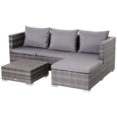 Outsunny 3 Pieces Rattan Garden Furniture Sofa Set, 4 Seater Garden Corner Sofa with 5-Level Reclining Sun Lounger and Storage Coffee Table, Outdoor Furniture Conservatory Set with Cushions, Grey