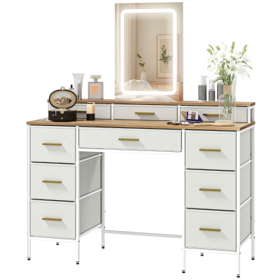 HOMCOM Coiffeuse LED 3 Couleurs avec Miroir et 10 Tiroirs Naturel