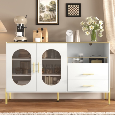 Credenza con 2 cassetti e 2 ante in vetro, Bianco