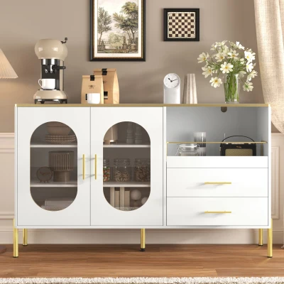 Credenza con 2 cassetti e 2 ante in vetro, Bianco