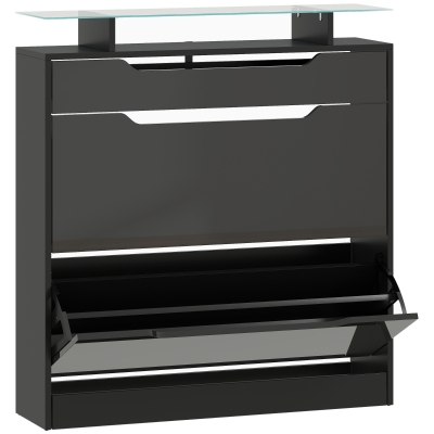 HOMCOM Shoe Cabinet 2 Flip Doors Glass Top Black