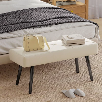 HOMCOM Taburete Pie de Cama Multifuncional con Pies de Acero y Asiento Acolchado para Entrada Pasillo 100x36x45 cm Blanco Crema