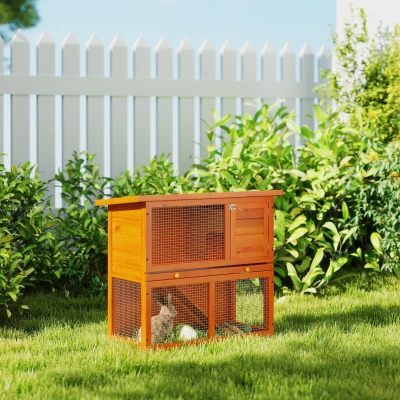 PawHut Conejera de Madera 90x45x80 cm Jaula para Conejos Jaula para Cobaya con Corral de Metal Techo Asfáltico Bandeja Extraíble y Rampa para Exterior Natural