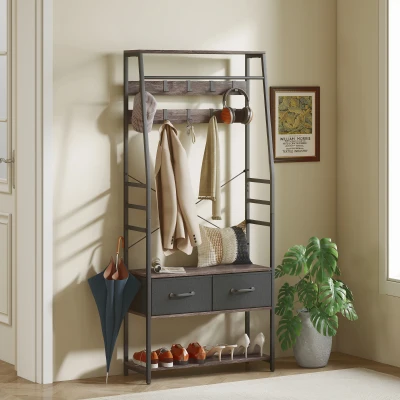 HOMCOM Industrial Coat Rack with Shoe Bench Grey