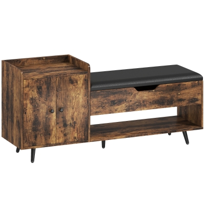 HOMCOM Banco Zapatero Industrial con Asiento Acolchado Compartimento Oculto Estantes Puertas 127x35x59 cm Marrón Rústico