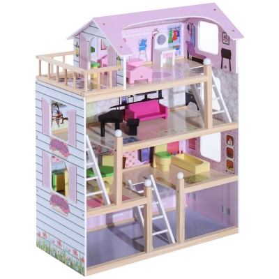 HOMCOM Casa delle Bambole Rosa in Legno a 4 Piani con 13 Accessori